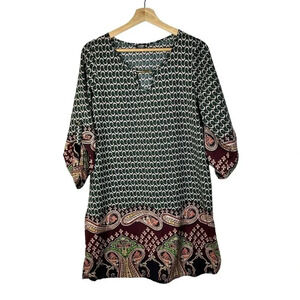 Indulge Blue & Green Printed Paisley Floral Long Sleeve Mini Dress M